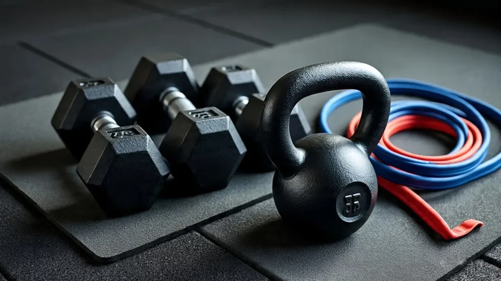 Affordable home gym equipment including dumbbells, resistance bands, and kettlebell