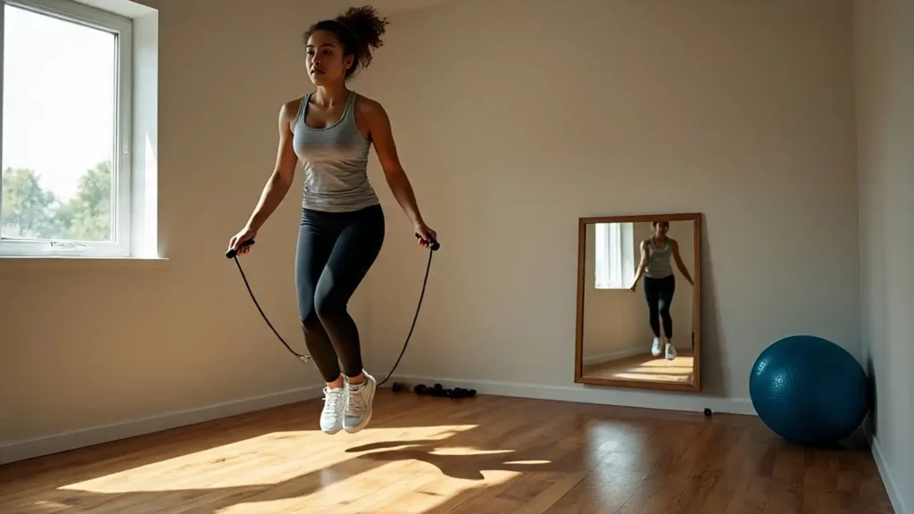 Jump rope cardio workout in a budget home gym at home